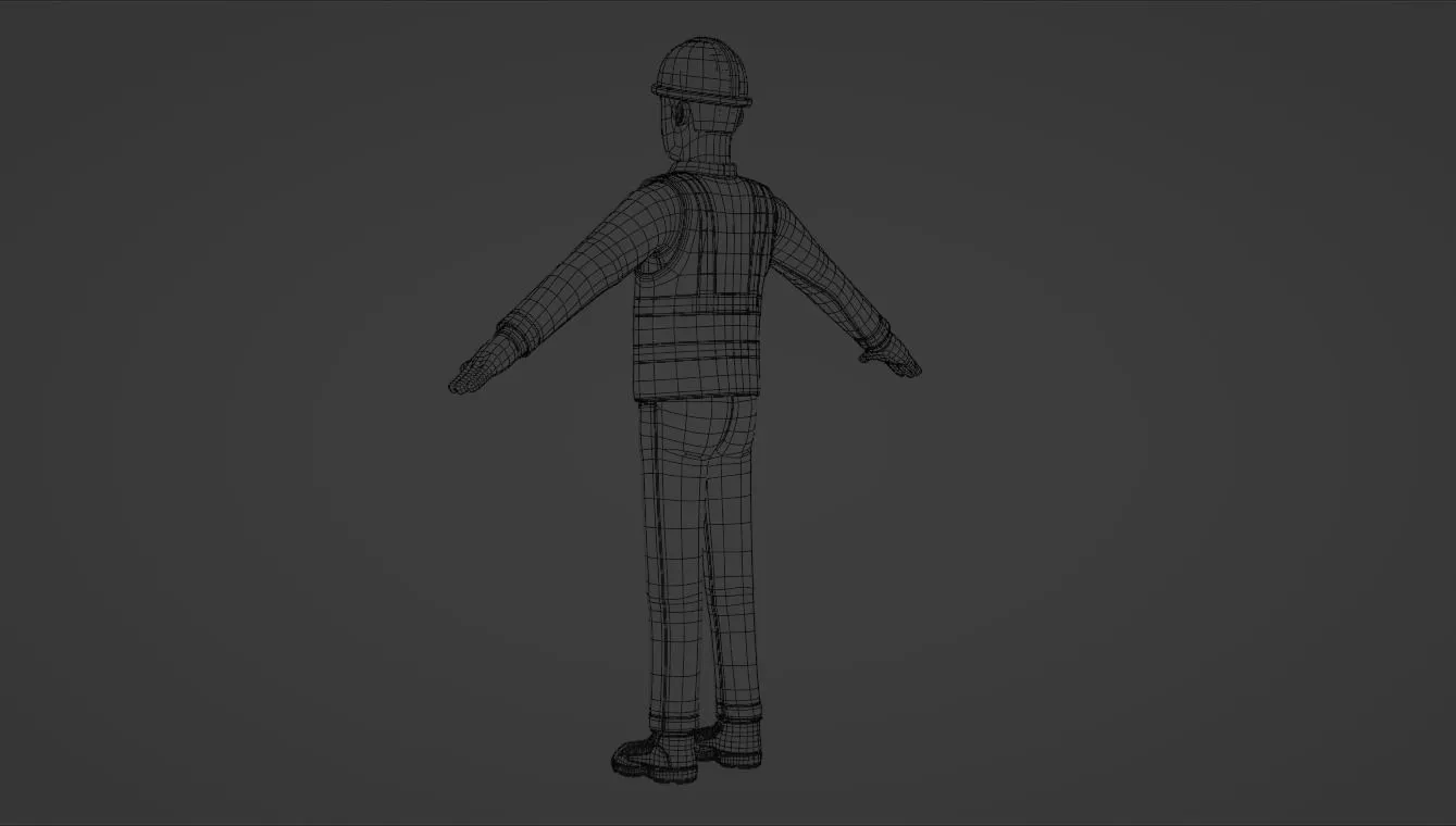 Cartoon Worker Builder Character low-poly quad topology wireframe mesh